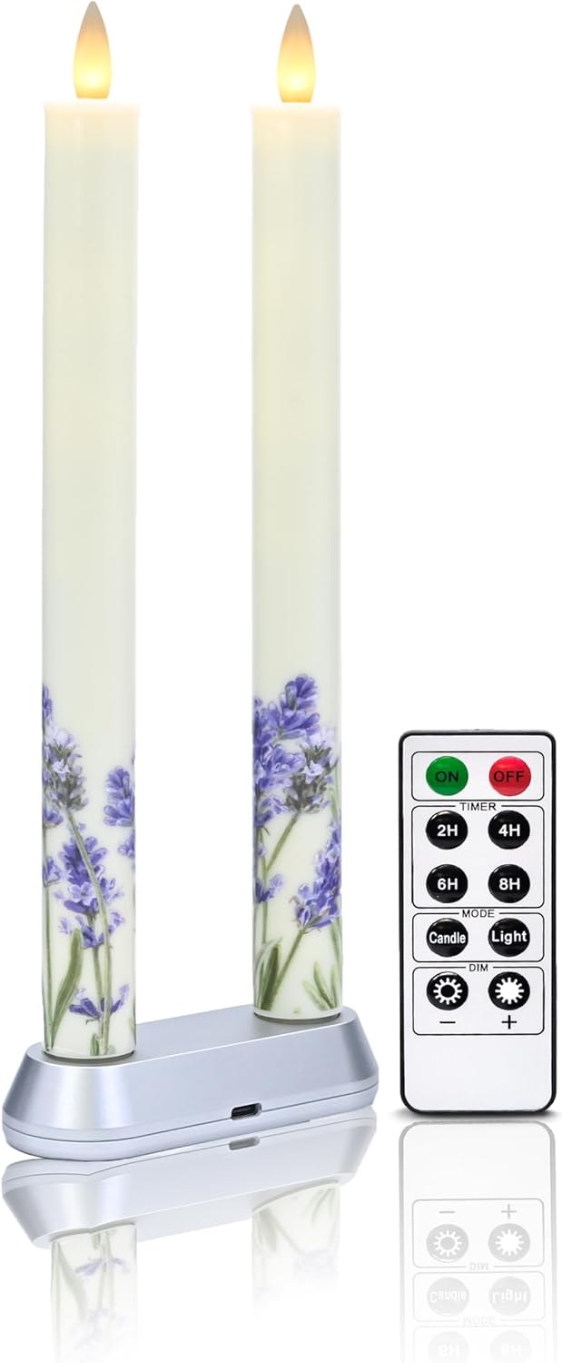 Rechargeable Flameless Tealights Candle with Remote Timer, 3D Moving Flame Real Wax Candles (Includes Remote Control, Charging Base, and USB Cable) (Lilac-2 Pack, 9in)