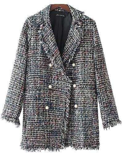 ebossy Women's Double Breasted Pearl Button Tweedy Fringed Jacket Colorful Mid Long Coat with Tassels2
