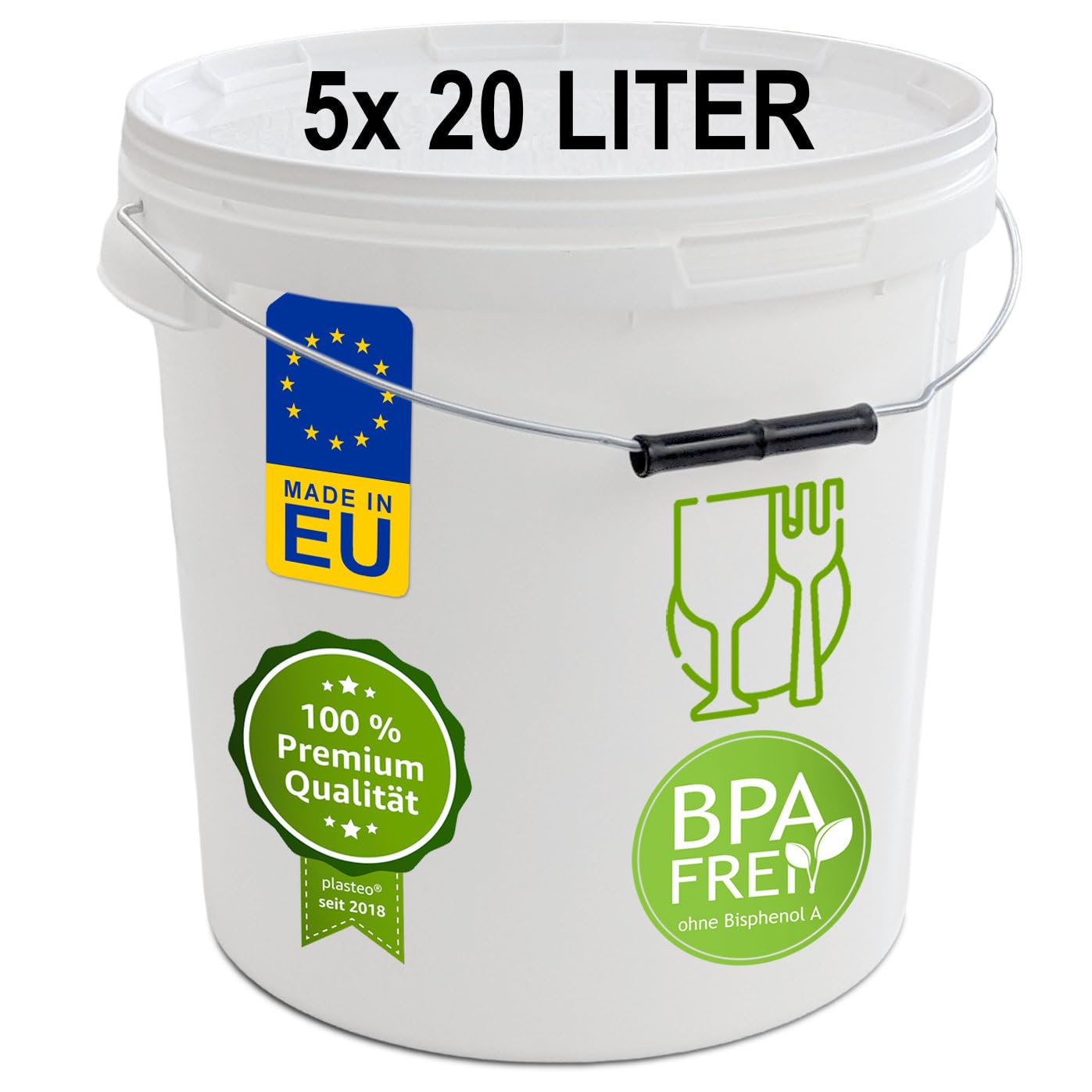 plasteo® 20 Liter Kunststoffeimer mit Deckel, 5 Stück, Luft- und wasserdicht, restlos entleerbar, 5er-Pack