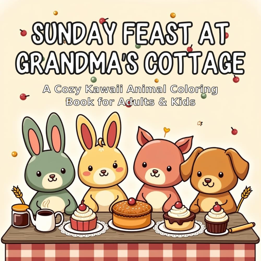 Sunday Feast at Grandma's Cottage: A Cozy Kawaii Animal Coloring Book for Adults & Kids