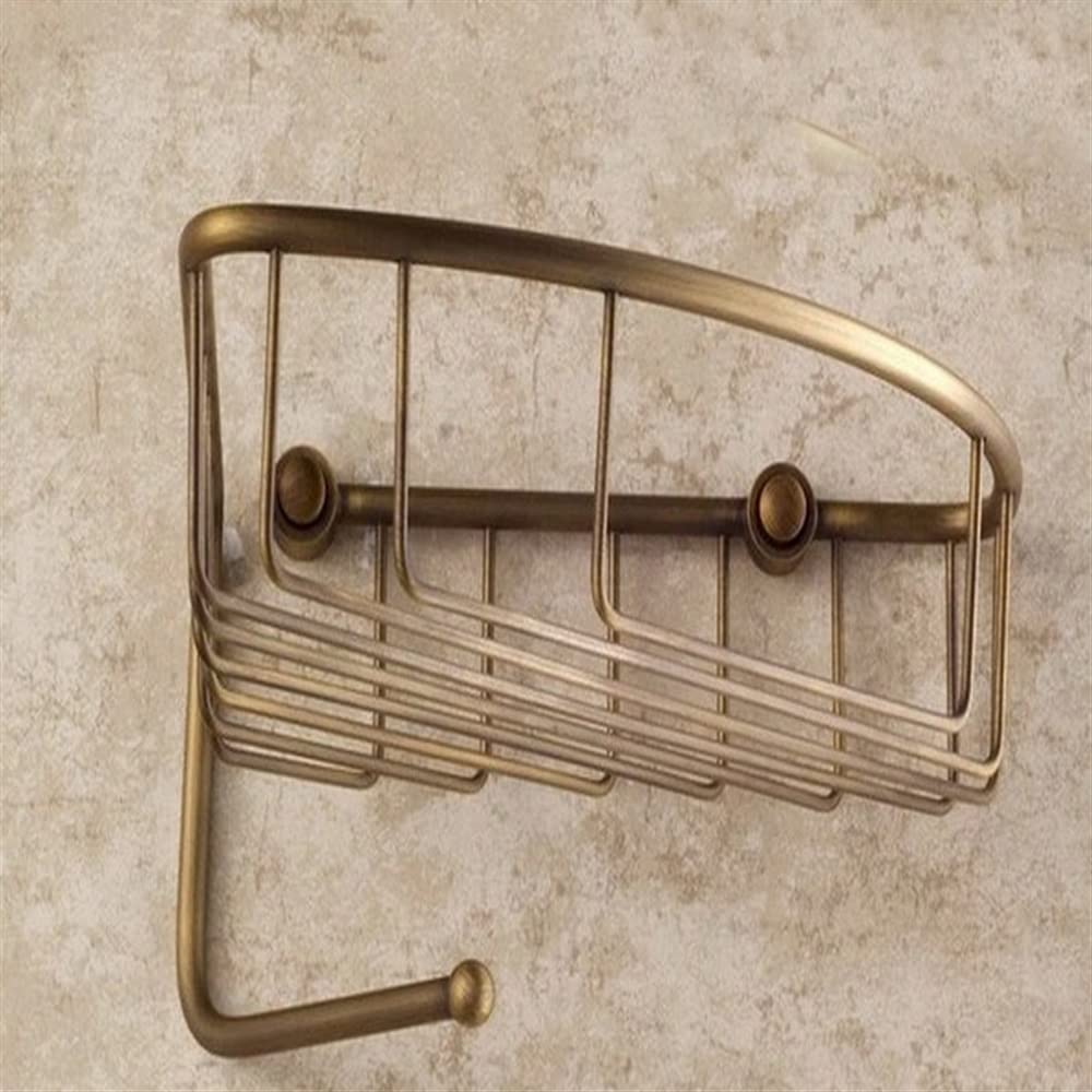 Estantes de baño exquisitos baño de latón Antiguo montado en la Pared Estante de Ducha de Esquina de un Solo Nivel Cesta de Almacenamiento con Gancho, Accesorio de baño