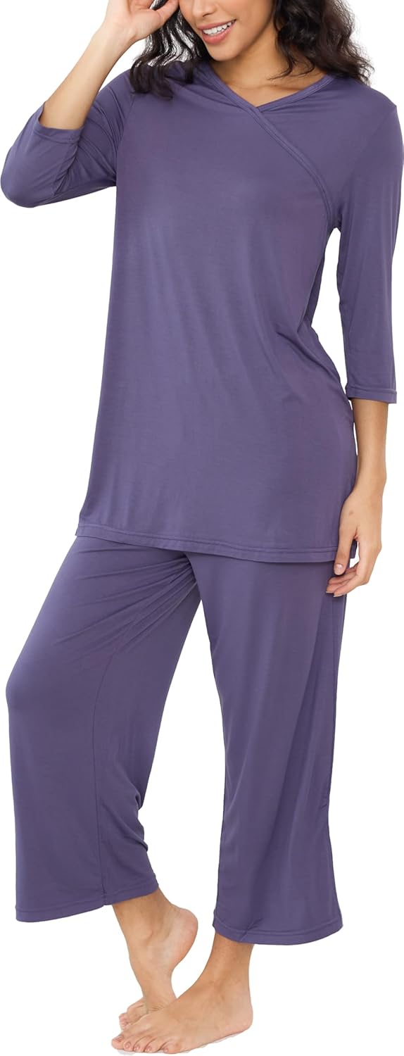 GYS Bamboo Viscose Capri Pajamas for Women Set, 3/4 Sleeve Long Shirts and Capri Pants Lounge Sets, Soft Sleepwear PJs Set