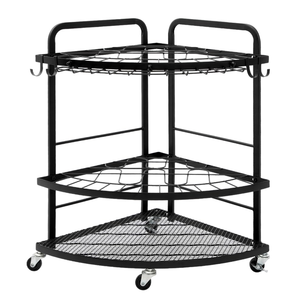 Garden Tool Organizer with Wheels, Rolling Heavy Duty Utility Storage Racks with Hooks for Long-Handled, Broom, Shovel, Rake, Corner Tool Storage Rack for Outdoor, Yard, Garage, Shed, black