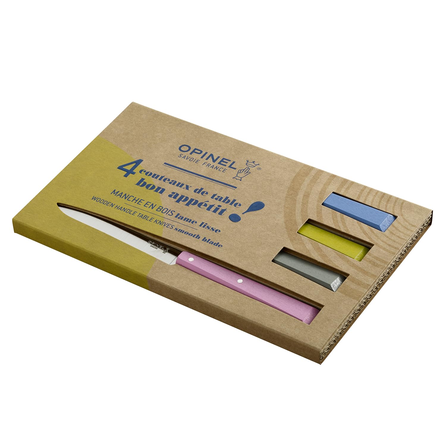 Opinel - Scatola di 4 Coltelli da Tavola N°125 Bon Appétit Campagne - Lama in Acciaio Inossidabile - Manico in Carpino - Fabbricazione Francese - Rosa, Grigio, Tiglio e Azzurro.