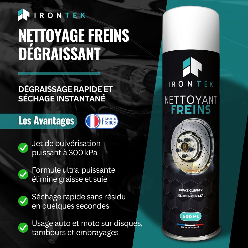 Nettoyant Dégraissant Freins 600 ML Lot de 12 - IRONTEK | IT294 | Aérosol Professionnel | Jet Puissant Séchage Rapide | Élimine Graisse Suie Poussières | Auto Moto | fabriqué en France (12)