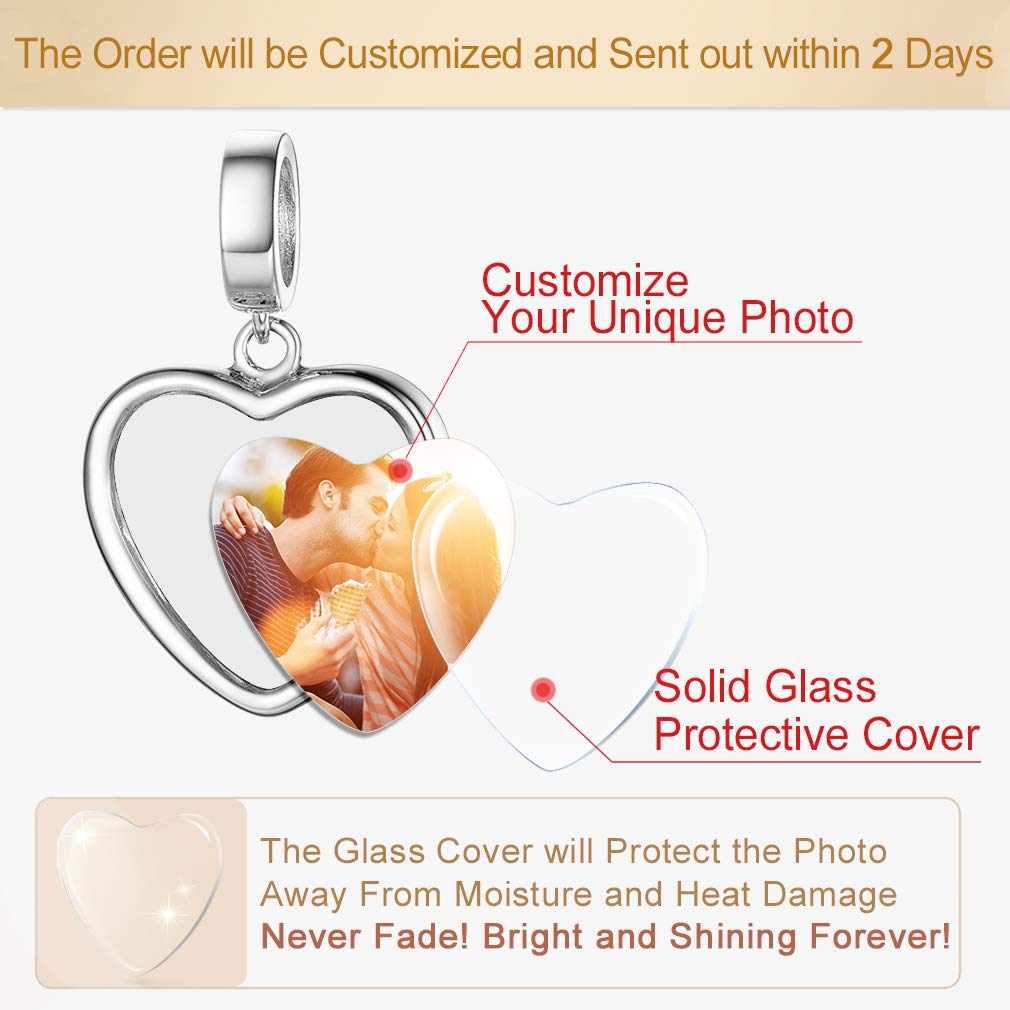 Custom4U Charme Coeur Personnalisable Charm Argent avec Photo Gravé Breloque pour Bracelet Bijoux Cadeau Personnalisé Maman Fille