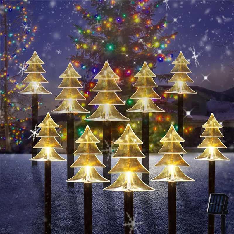 Outdoor Christmas Decorations, Solar Xmas Pathway Lights, Set of 10 Waterproof Landscape Christmas Lights, LED Lamp for Yard Lawn Patio Walkway Decor 10PCS-Warm White-Tree