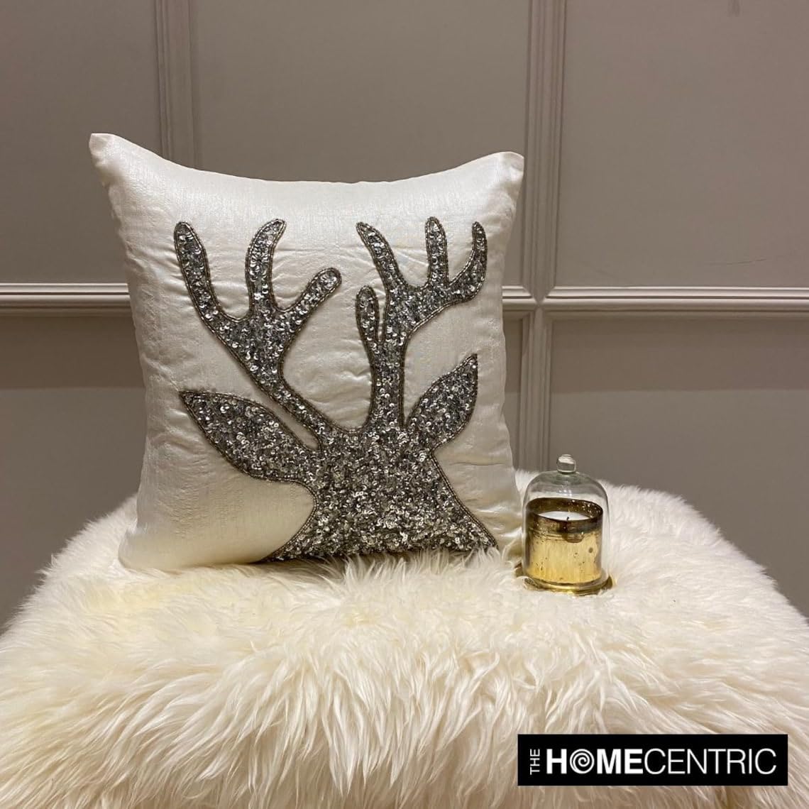 Almohadas navideñas navideñas Decorativo Blanco y Plata Fundas de colchón, 60 x 60 cm Seda Cojin Navidad decorativa Funda de almohada, Cabeza de reno Moderno Fundas de colchón - Sequined Antlers