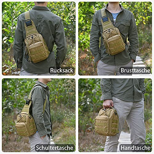 flintronic Taktische Sling Rucksack,Brusttasche mit Verstellbarem, Militär Schultertasche,Umhängetasche,Rucksack Schultertasche mit Karabiner für Outdoor Sport Camping Wandern - Khaki