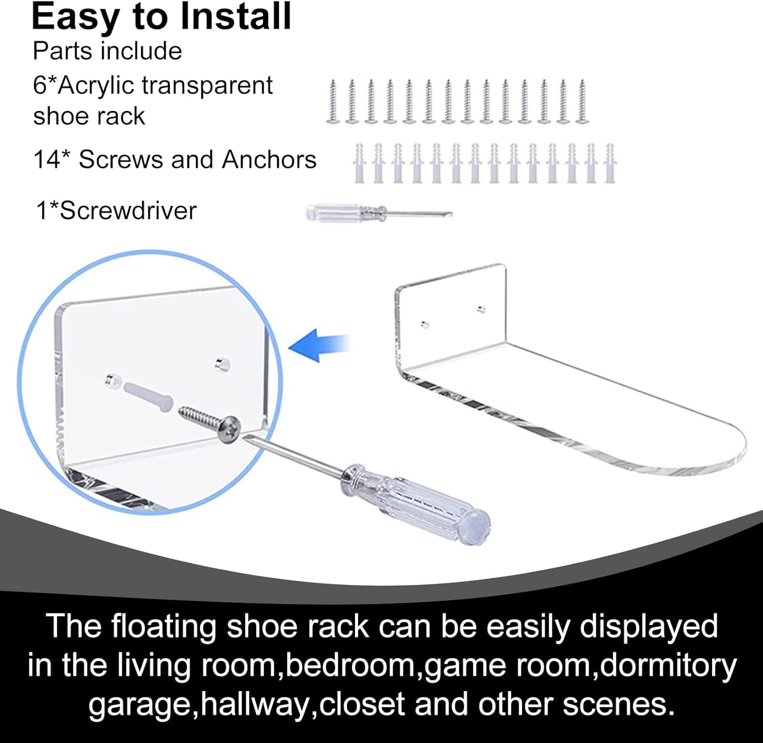 Zapatero flotante de acrílico (juego de 6) soporte de pared para zapatos, estante de almacenamiento transparente para uso doméstico, estante de exhibición de zapatillas con tornillos y 4