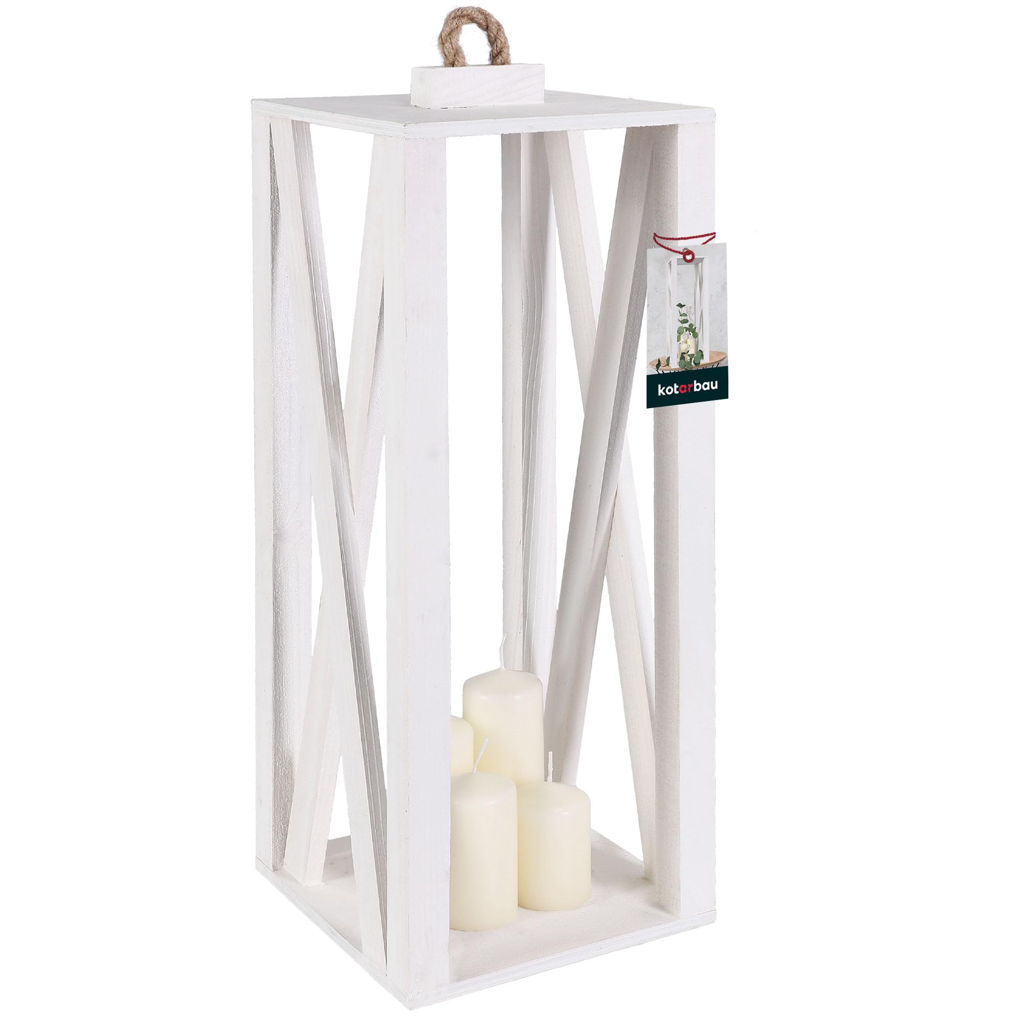 KOTARBAU® Farolillo de madera blanco 20 x 20 x 50 cm, farolillo de madera para exterior e interior, farolillo para salón para flores y velas, farolillos de boda