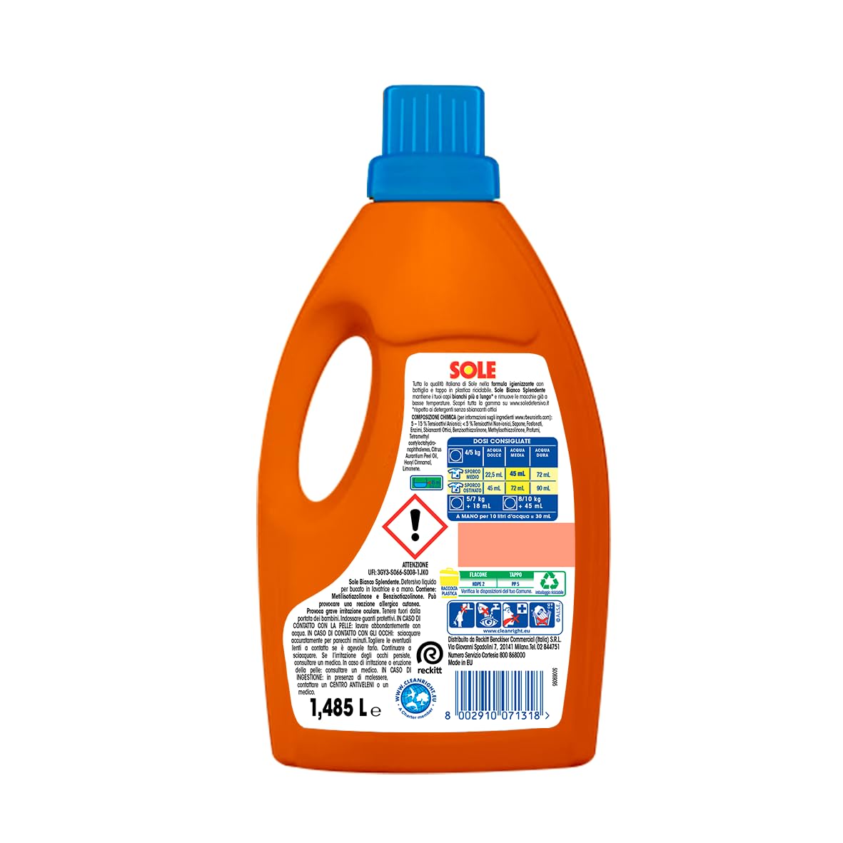 Sole Detersivo Lavatrice Bianco splendente 33 Lavaggi, Formula igienizzante, Detersivo Lavatrice Liquido Bianco Splendente, rimuove le macchie a basse temperature