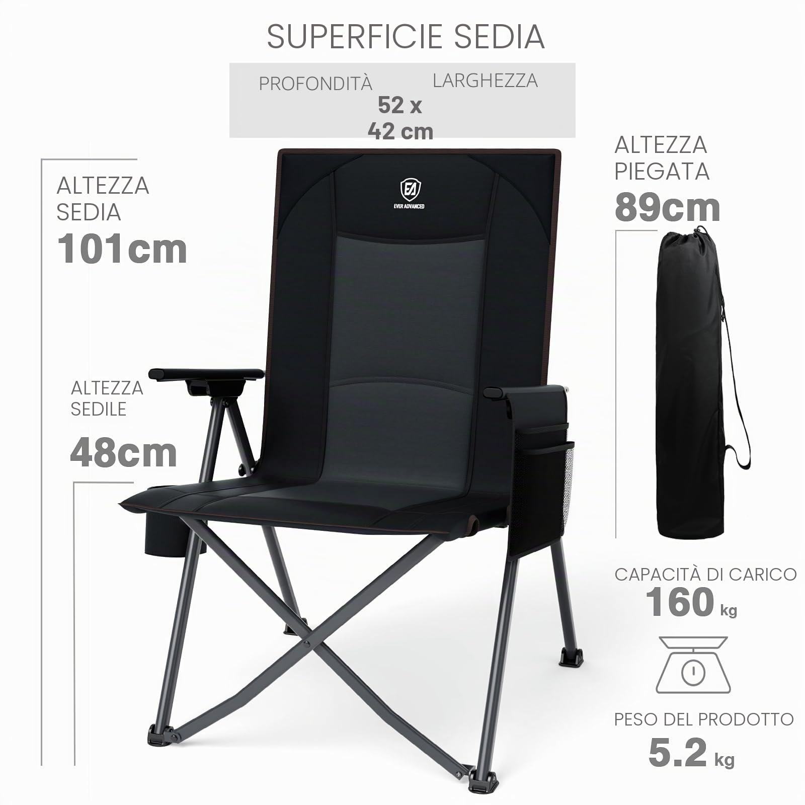 EVER ADVANCED Sedia da campeggio pieghevole con schienale regolabile in 4 posizioni portata di 160kg sedia reclinabile pieghevole con tasca laterale e portabevand per campeggio, giardino e balcone