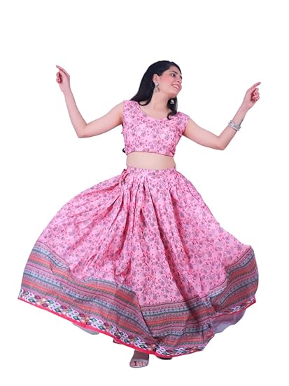 Bisop's Women's Imported Cotton Fabric Designer Mill Printed Traditional Flair Lehenga Choli - Chaniya Choli - Navratri - Garba - Diwali Pink