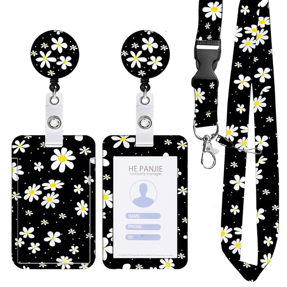 Daisy Lanyard with Card Holder Set, Retractable ID Badge Holder with Cute Lanyard, Adjustable Teacher Lanyards for Office Nurse Student Use, Card Holders for Lanyards & Badge Reel