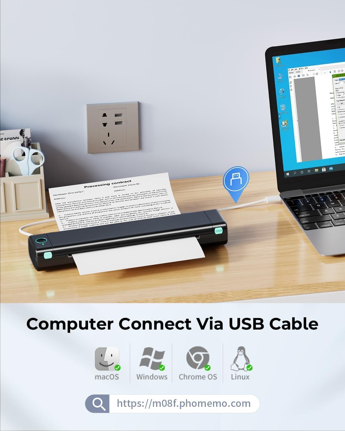 Phomemo Stampante portatile M08F A4, stampante mobile termica leggera e compatta, aggiornata 2022, veicoli, ufficio e scuola compatibile con telefoni e laptop Android e iOS