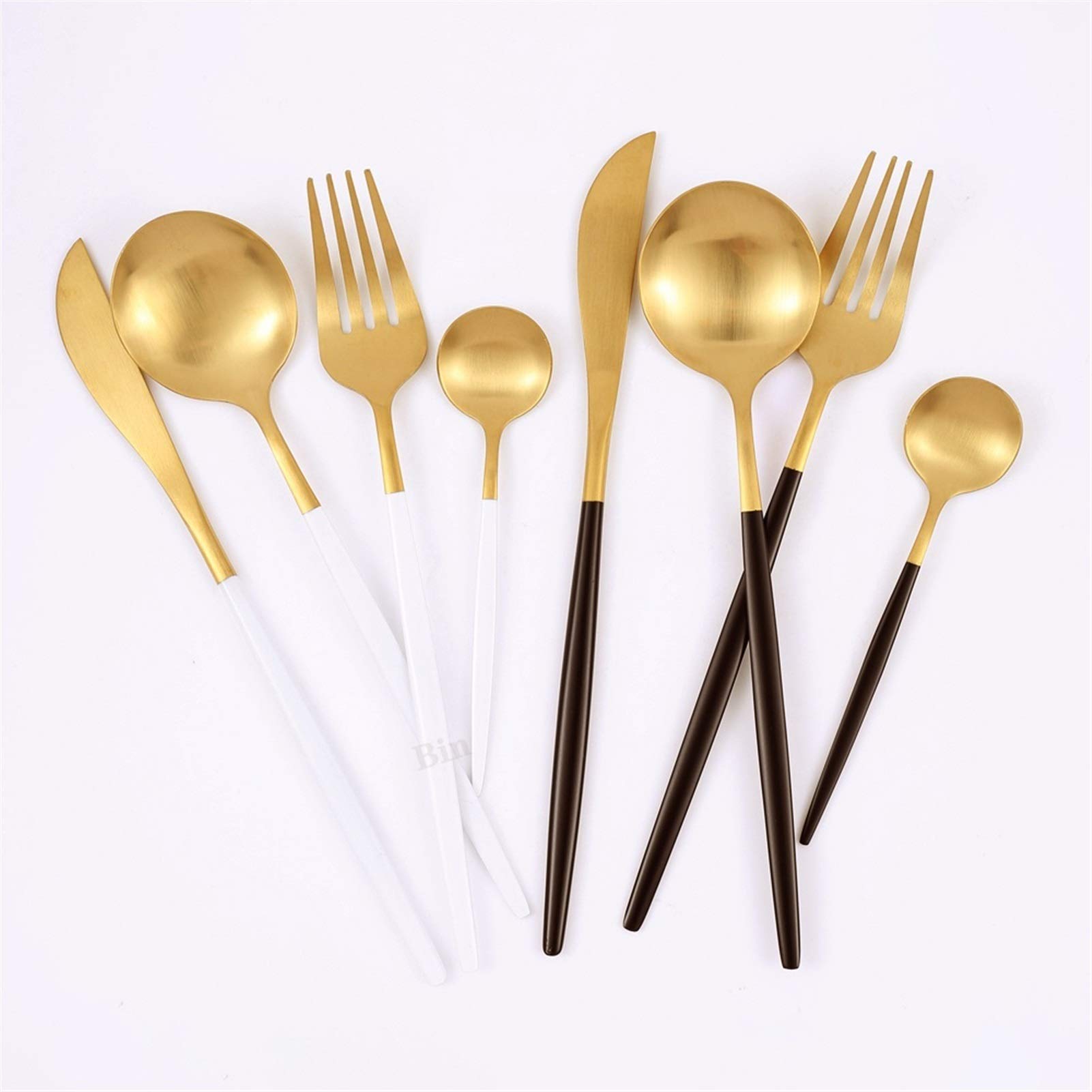 30 unids mate negro negro acero inoxidable cubiertos cuchillo cuchillo tenedor cuchara silbware vajilla conjunto boda cumpleaños cena cena vajilla (Color : Matt gold)