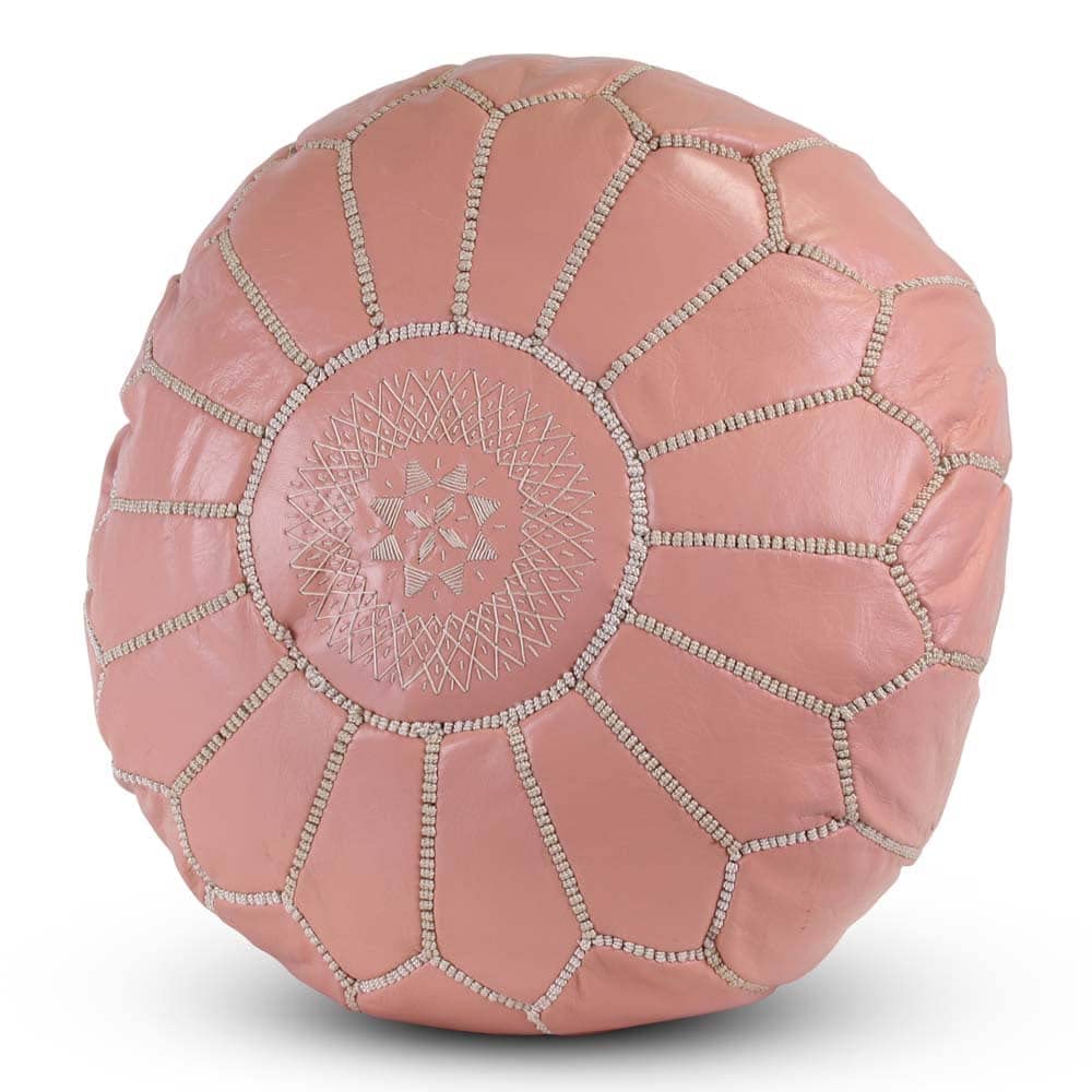 Pouf marocain Cuir Rose Doux Rond Blanc