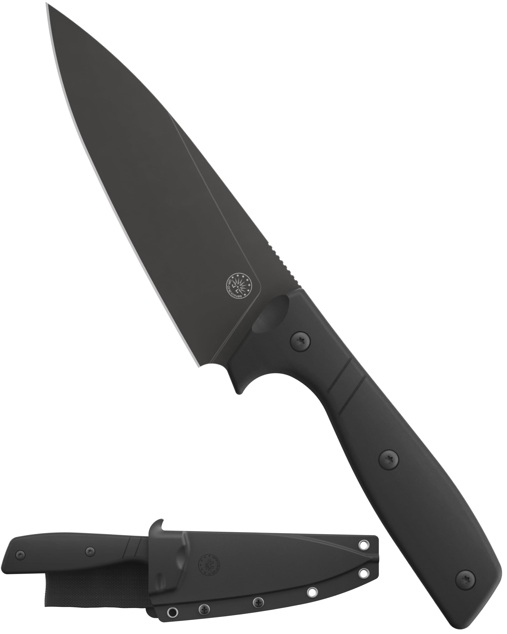 Off-Grid Knives - Sierra Chef Knife with Sandvik 14C28N Stainless Steel, Kydex Sheath and Belt Clip, G10 Scales, Camping, BBQ & Home Kitchen Use (Blackout)