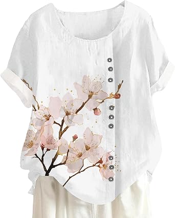 Summer Floral Graphic Shirt Womens Short Sleeve Crewneck Blouse Casual Comfy Tops Fashion Loose Fit T-Shirt