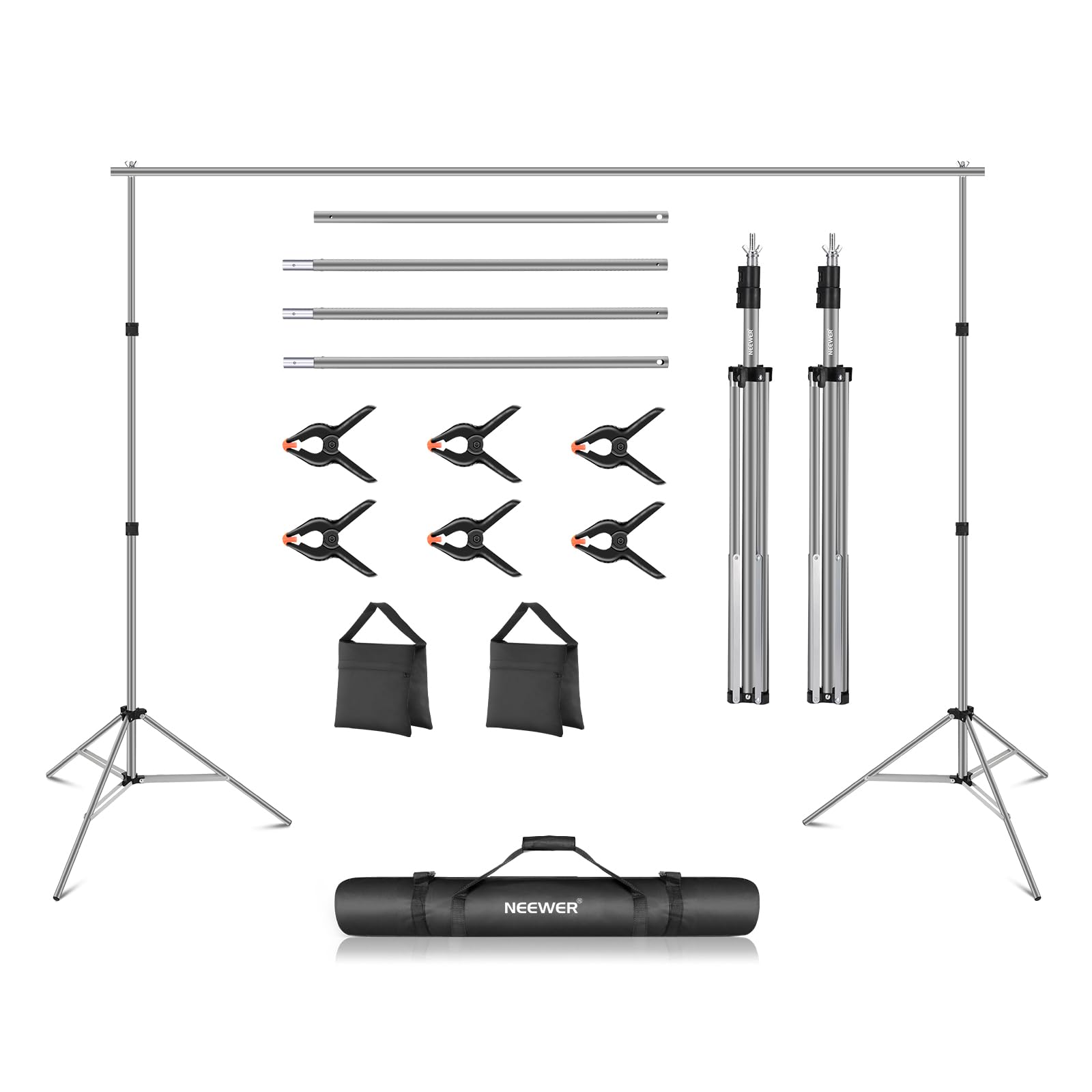 Neewer Photo Studio Backdrop Support System, 10ft/3m Wide 6.6ft/2m High Adjustable Background Stand with 4 Crossbars, 6 Backdrop Clamps, 2 Sandbags, and Bag for Portrait & Studio Photography-Gray