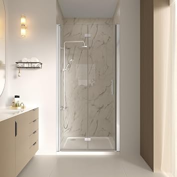 ACE DECOR 32-33.4 بوصة W x 72 بوصة H باب دش ثنائي الطي بدون إطار، 1/4 بوصة 6 مم باب دش زجاجي مقسى SGCC شفاف، باب زجاجي دش متأرجح محوري بلمسة نهائية من الكروم، تركيب عكسي