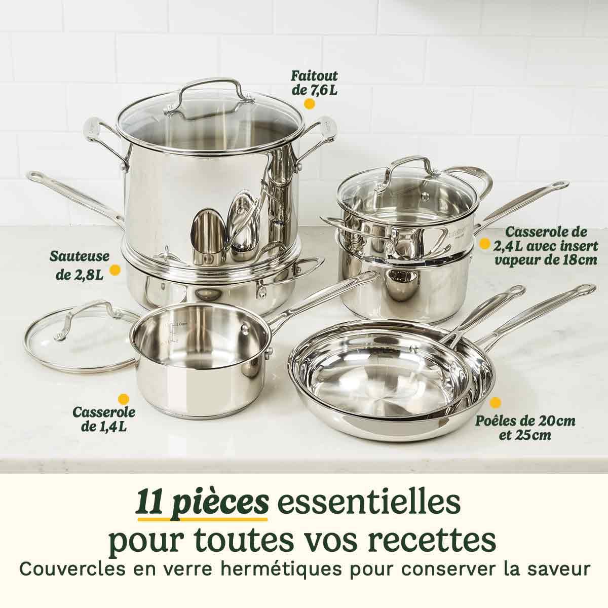 Batterie inox Cuisinart® Chef’s Classic™ 11 pcs : casseroles, poêles, faitout, vapeur | Induction | Fond alu | Poignées Cool Grip™ | Marquages | Couvercles verre | Lave-vaisselle - 7711G