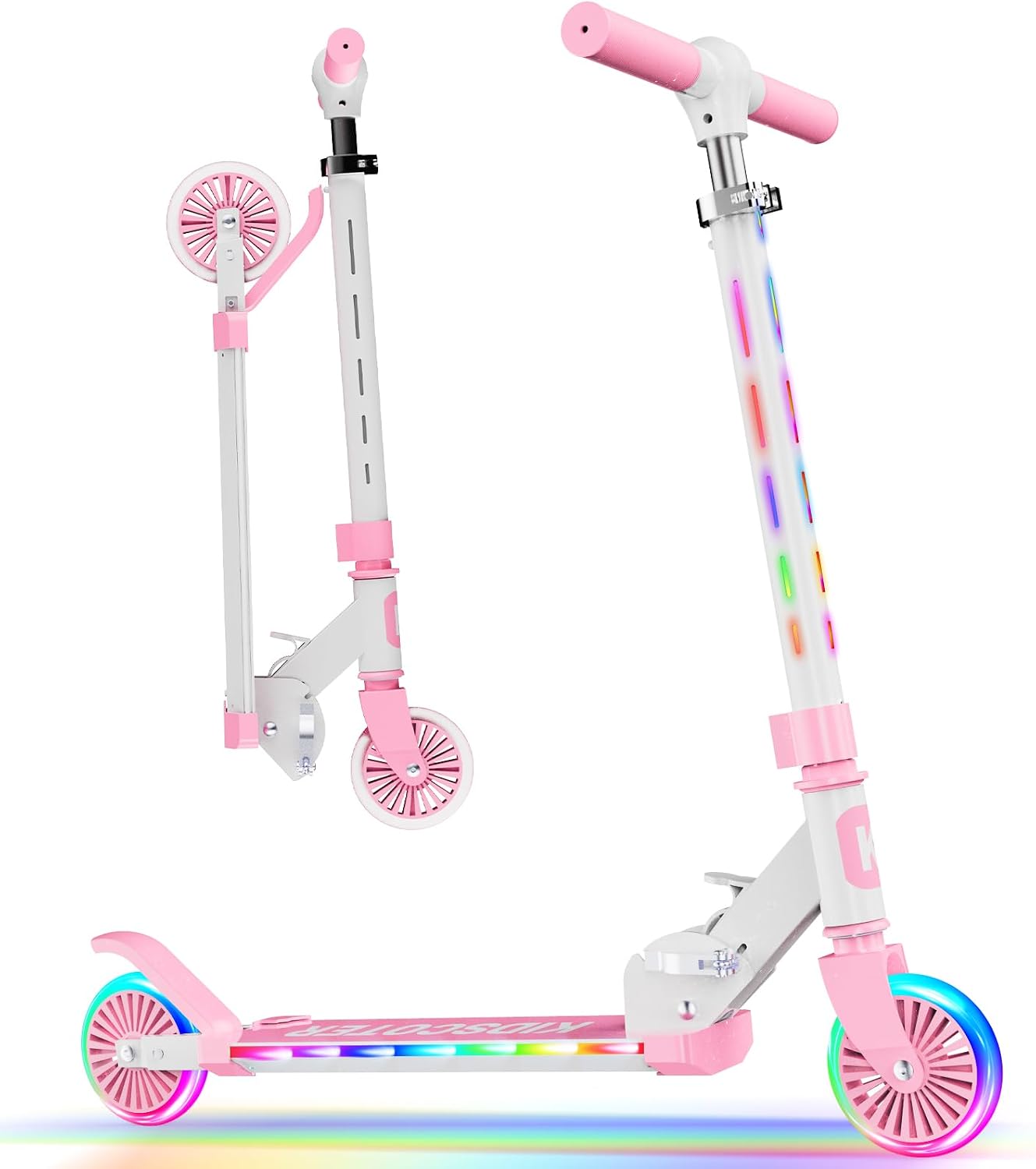 2 Wheel Scooter for Kids 3-12, Light Up Wheels & LED Stem Kick Scooter, Height Adjustable & Foldable Design, Lightweight Sport Scooter for Girls Boys with Kickstand