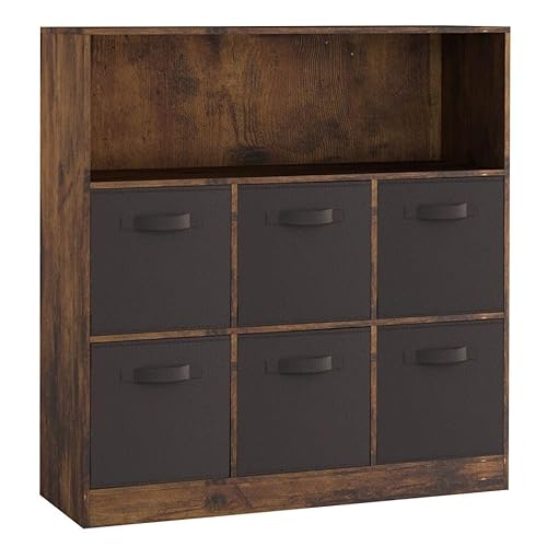 URBNLIVING Wooden Wide 7 Cubed Cupboard Bookcase Storage Units Shelves 6 Drawers Baskets (Black Drawer, Rustic Brown)
