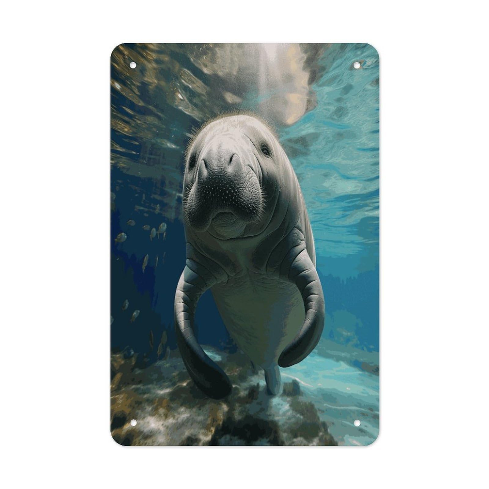 Cute Sea Animal Manatee Metal Tin Sign Wall Decor Funny Retro Sign Weatherproof Metal Wall Art for Indoor Or Outdoor Retro Tin Signs for Kitchen Office Home Bar Decor 11.8 X 7.9 Inch