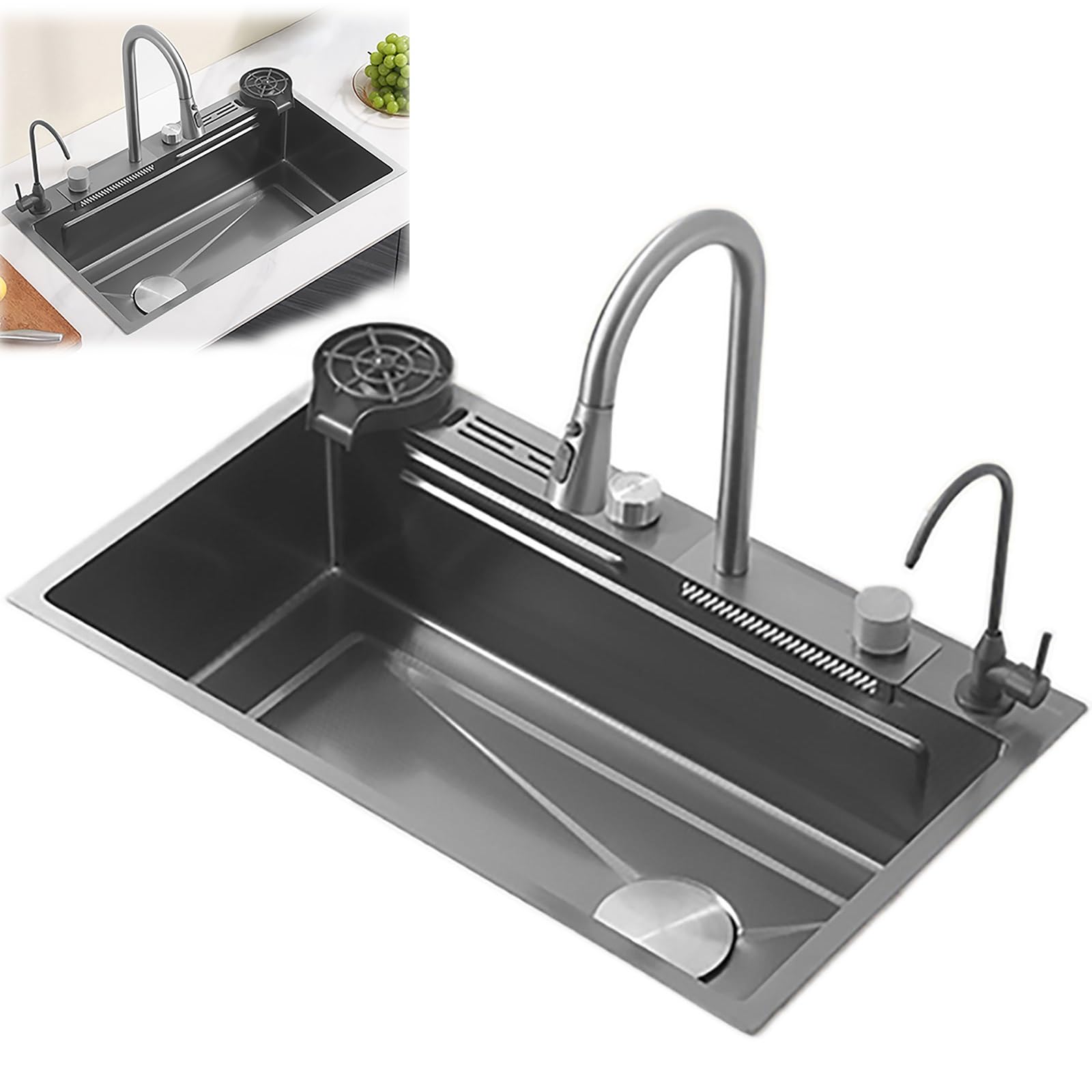 YADZISW Farmhouse Workstation Utility Sink - Drop-In/Undermount Waterfall Kitchen with Accessories: Grid Strainer Basket Pressurized Cup Washer & Drain Assembly for Modern Kitchens