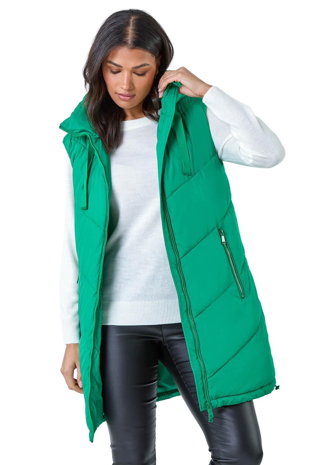 Roman Originals Women's Green Roman Quilted Gilet With Hood For Uk Sleeveless Coat Hooded Jacket Padded Bodywarmer Winter Lightweight Warm Autumn Funnel Neck Longline Soft Bubbly
