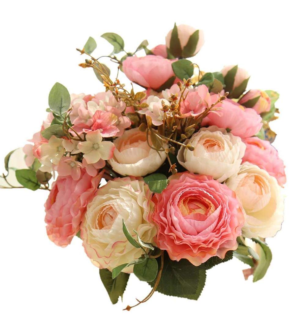 ArtfenArtificial Flowers Fake Silk Hydrangea Flower Simulation Hand Tied Bouquet Lu Lotus Bouquet for Home Hotel Office Wedding Party Garden Craft Art Decor Approx 8.5" in Diameter Pink 2