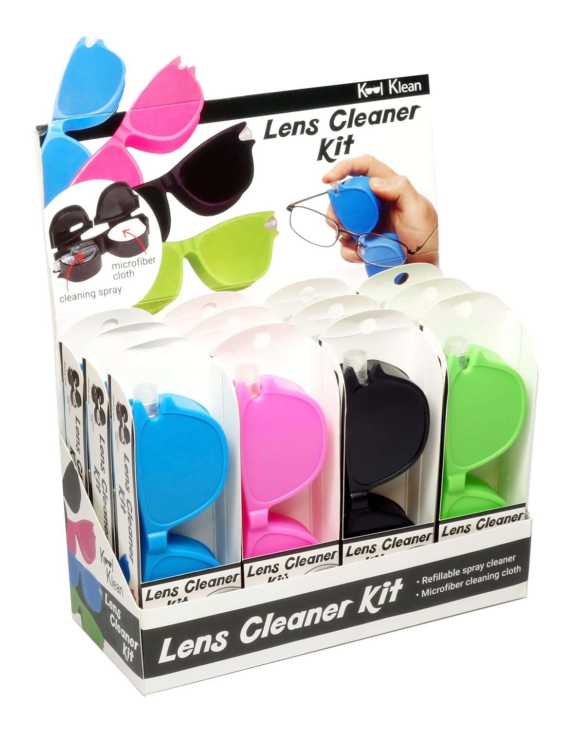 Calabria Kool Klean - Juego de 12 limpiadores de lentes para gafas, color rosa, azul, verde, negro, 15 ml, paño de limpieza de microfibra