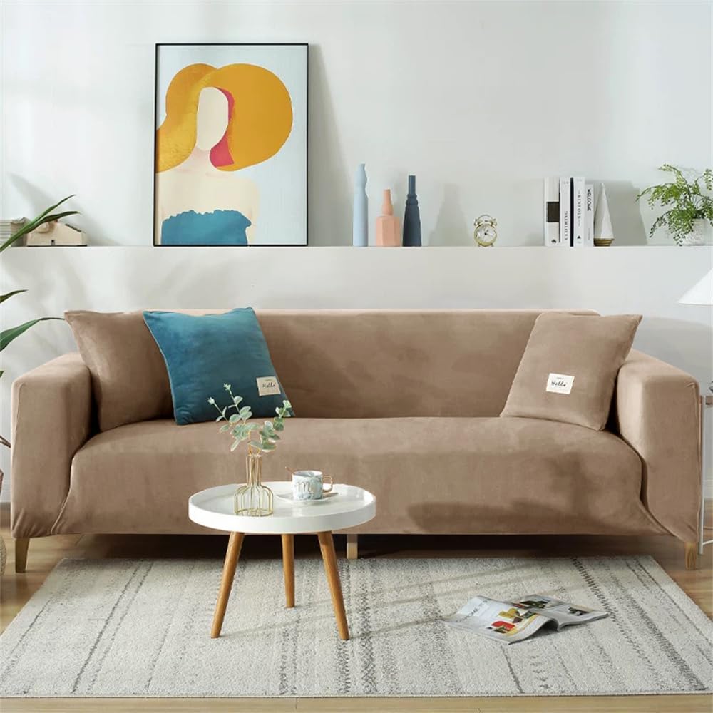 DOTBUY-SHOP Stretch Sofa Slipcover 4/3/2/1 Seater Velvet Non Slip Soft Furniture Couch Sofa Cover Washable Protector Sofa Cover for Armchair Loveseat (1 seater,camel)