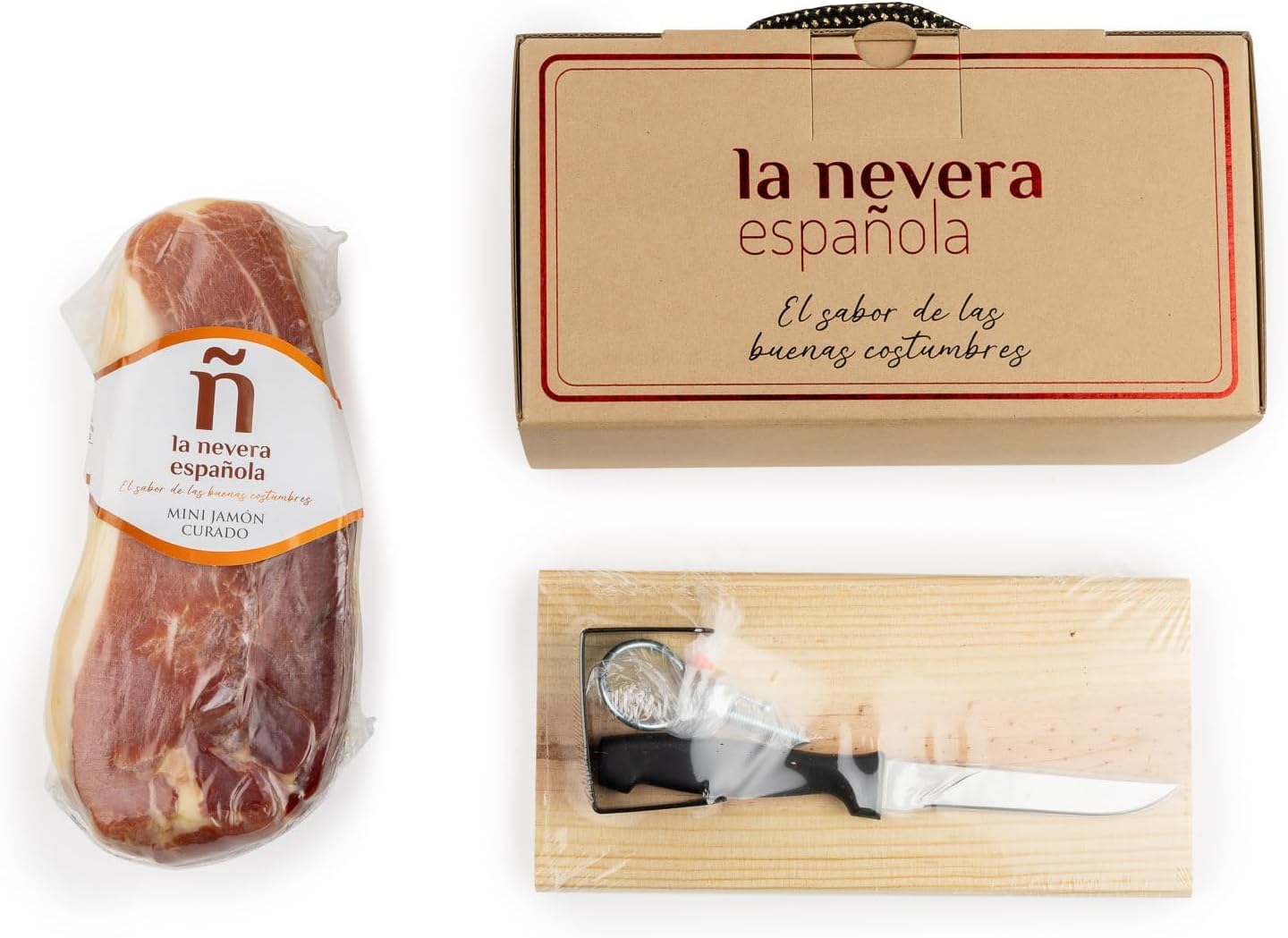Mini Prosciutto Serrano, Mini Porta Prosciutto e Coltello - Pezzo da 1,1 kg - Confezionato sottovuoto - Senza osso - Periodo minimo di stagionatura 12 mesi - Confezione Gourmet