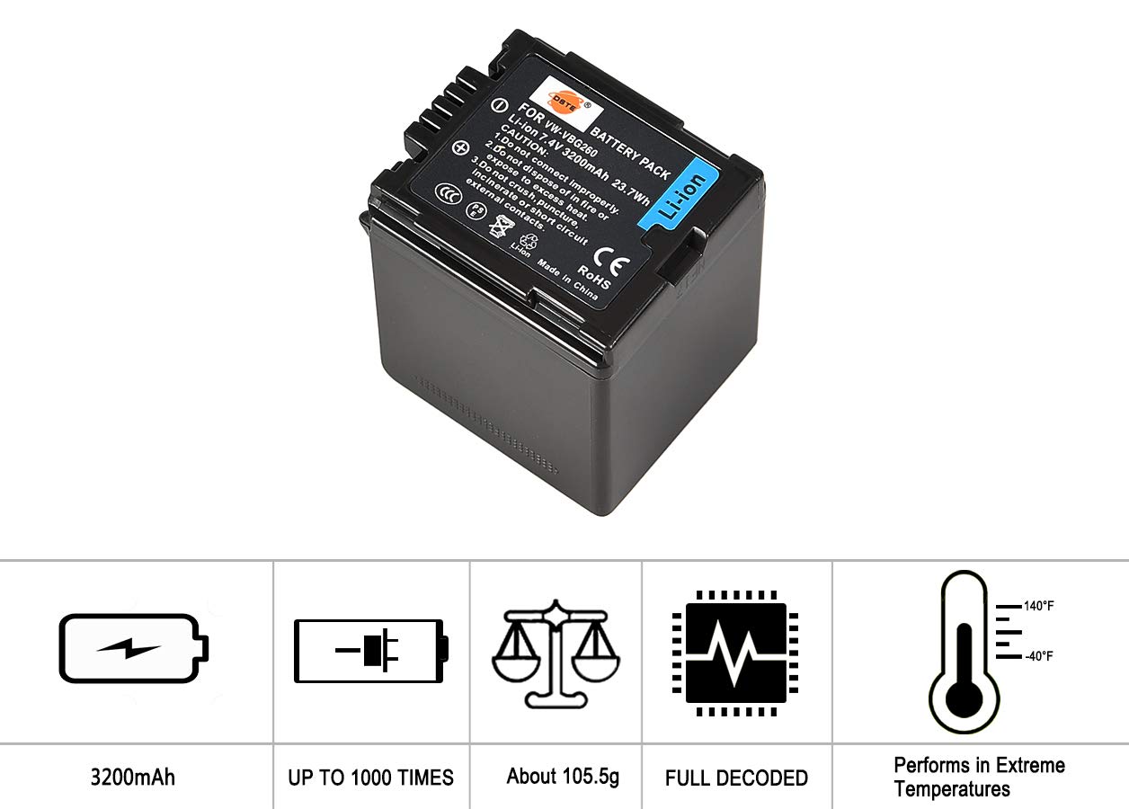 DSTE VW-VBG260 Batterie Compatible pour Panasonic AG-AF100, AG-HMC150, HDC-HS250, HDC-HS300, HDC-HS700, HDC-SD600, HDC-SD700, HDC-SDT750