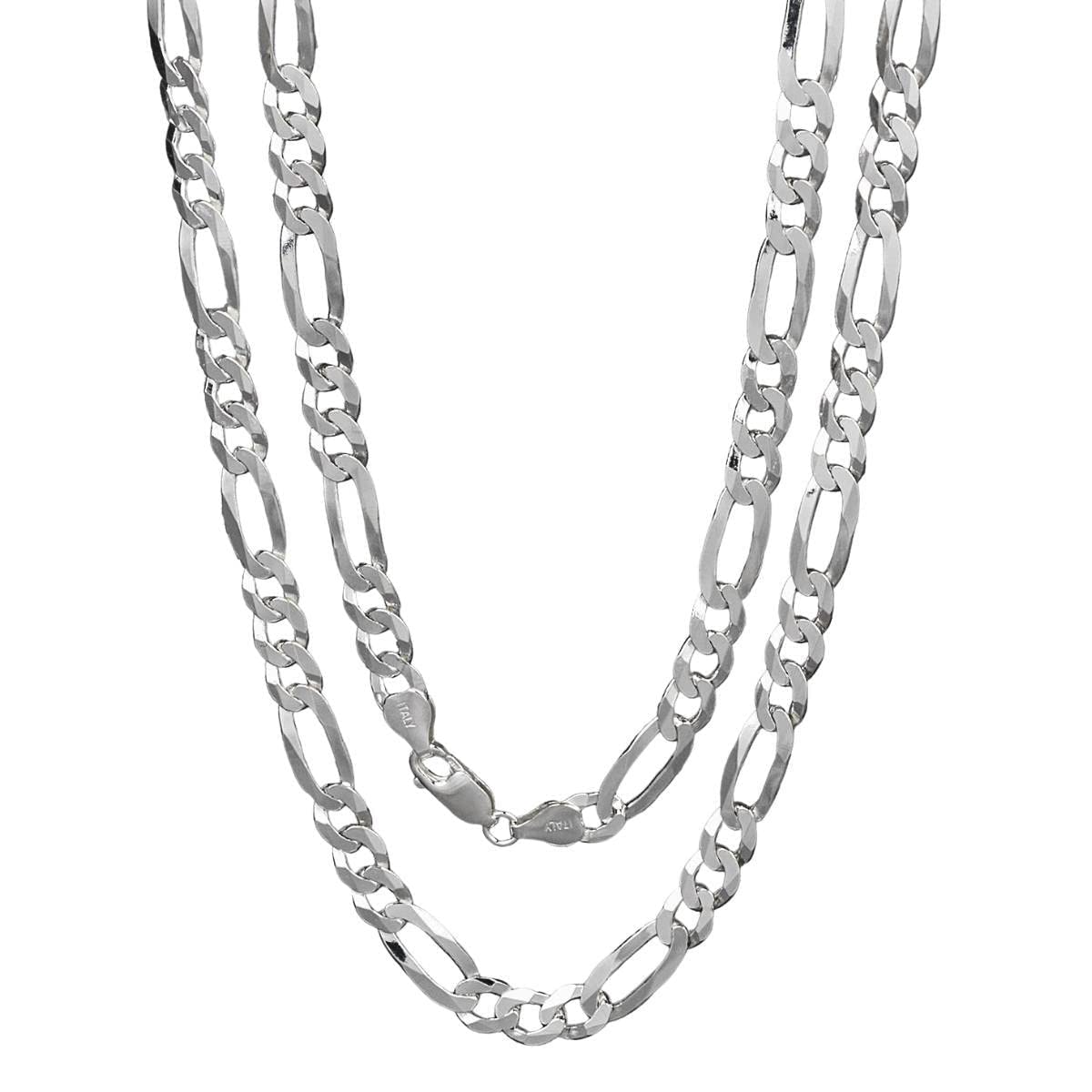 VN JewelryMens Womens Silver Chain Necklace - 925 Sterling Silver 6.2mm Diamond-Cut Figaro Link Chain Necklace for Women Men, Made in Italy