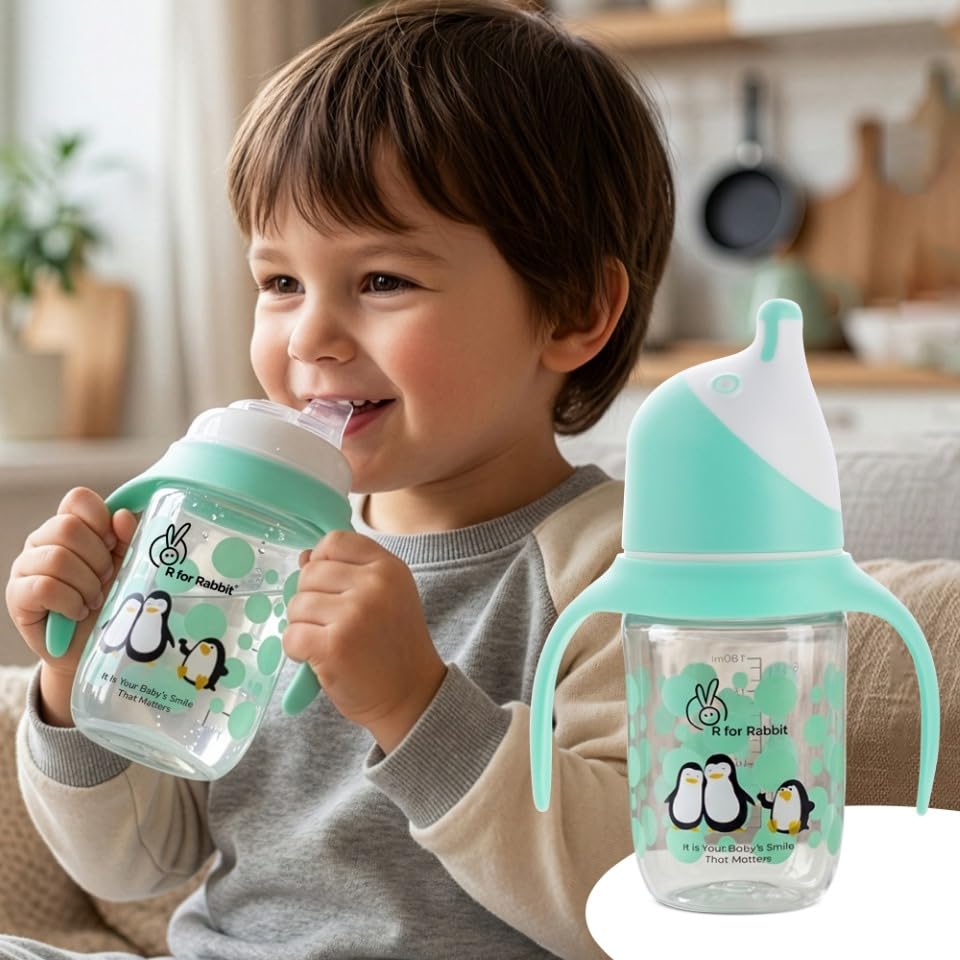 R for Rabbit Penguin Spout Sipper Cup 180 ml Bottle, PP Spout Sipper for Kids Age of 1 + Year - Green