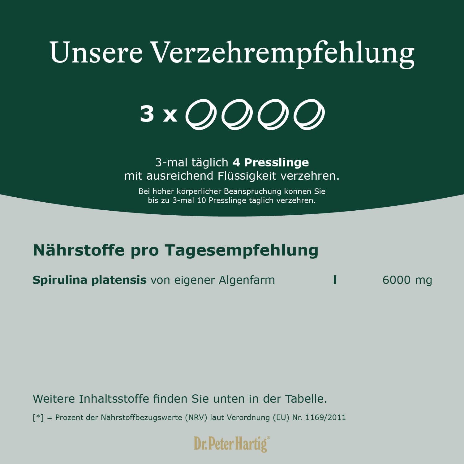 Dr. Peter Hartig Spirulina Premium 720 Presslinge Mikroalgenpulver Magnesium Calcium Kalium Phosphor Eisen Vitamine B12 C Vegan Lactose-, Gluten- und Hefefrei