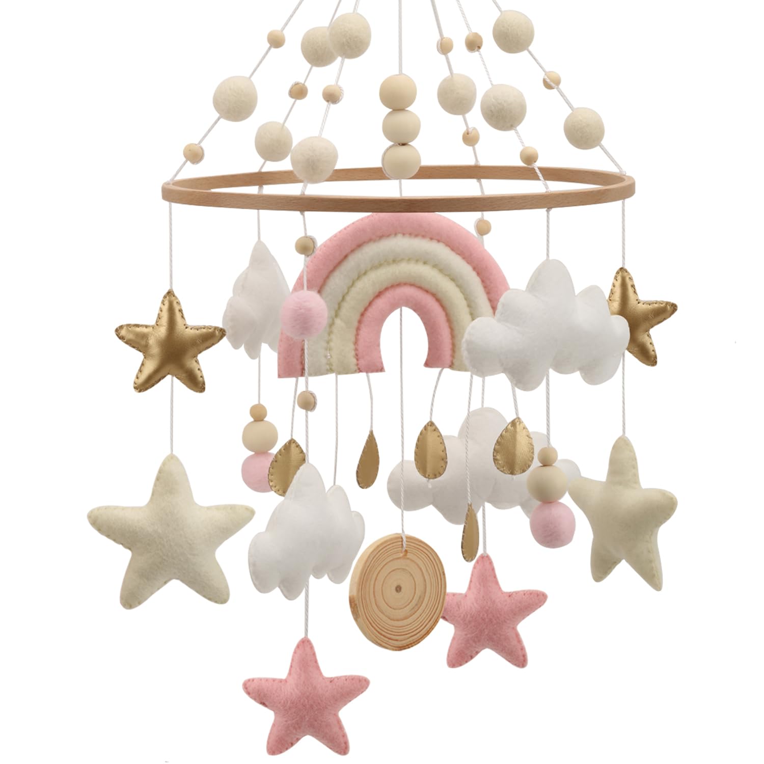 Mobile arc-en-ciel pour berceau – Un mobile bohème arc-en-ciel rose et blanc avec détails dorés
