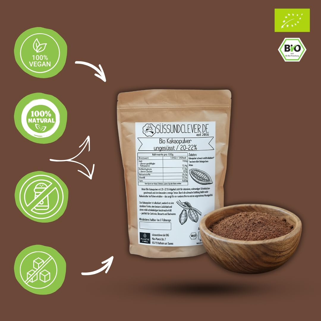 süssundclever.de® Bio Kakao Pulver | 1,0 kg | reines Kakaopulver | ungesüsst | schwach entölt 20-22% Fettanteil | ökologisch-nachhaltig abgepackt