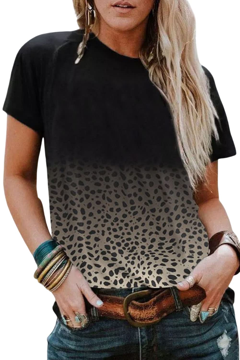 VestaliaWomen's Casual Cute Shirts Leopard Print Tops Basic Summer Short Sleeve Fashion Soft Blouse Loose Fit Tshirt