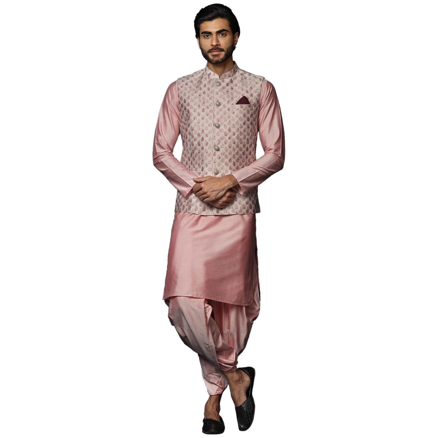 Kisah Men's Pink Kurta Jacket Dhoti Set Cotton Blend, Woven Design, Full Sleeves, Straight, Regular Fit, Mandarin Collar Ethnic Wear
