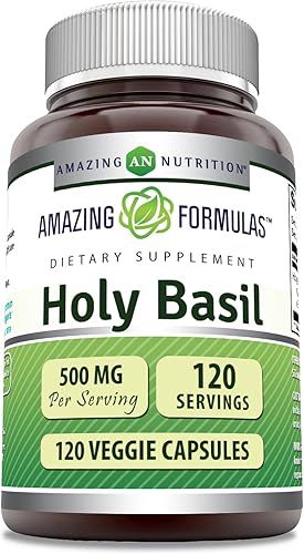 Amazing Nutrition Suplemento dietético de Albahaca Sagrada - 500mg 120 cápsulas por botella - 100% Tulsí puro (Ocimum Sanctum) Extracto de hoja 4:1