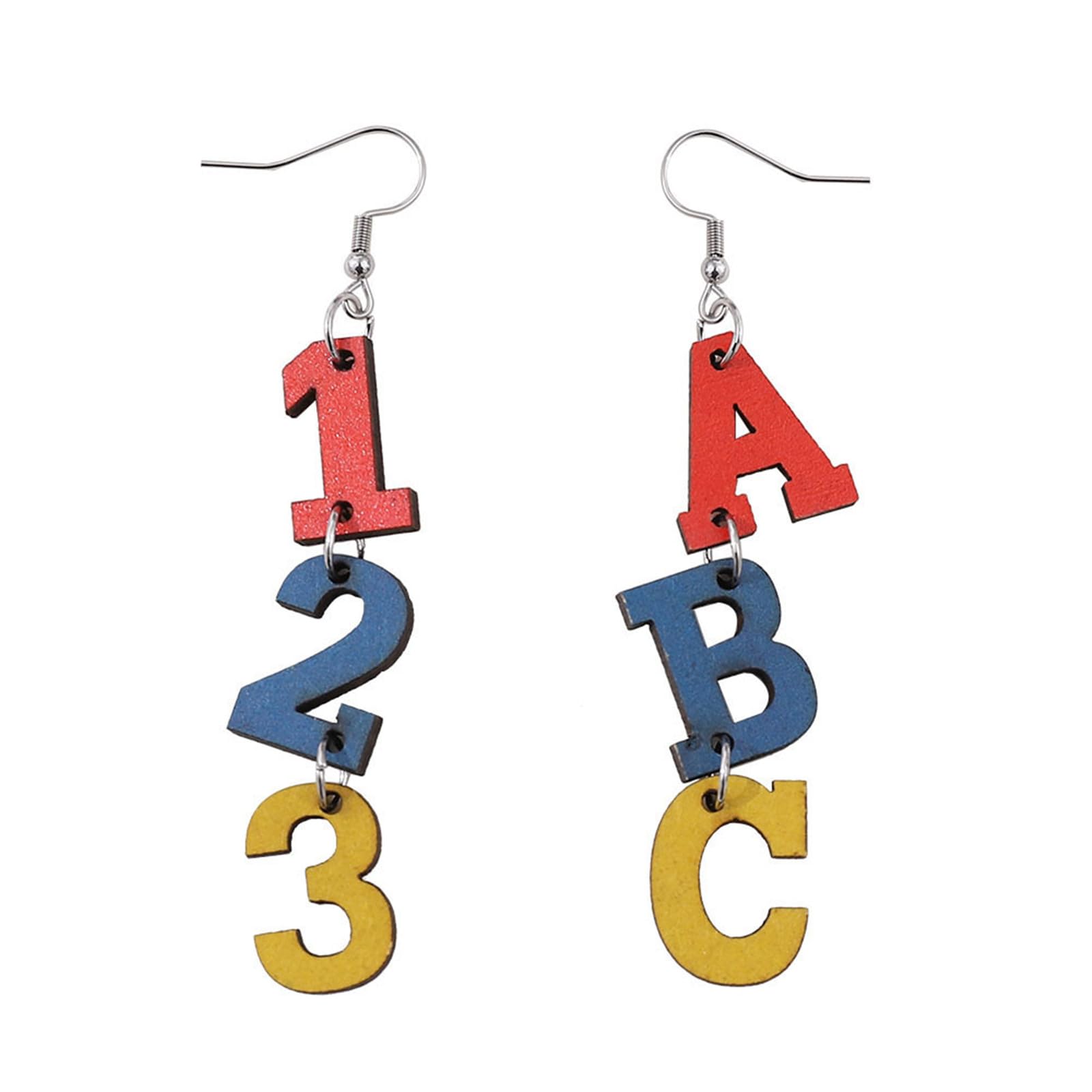 Wooden Teacher Earrings - Numbers Letters Cartoon Dangle Earrings For Educators