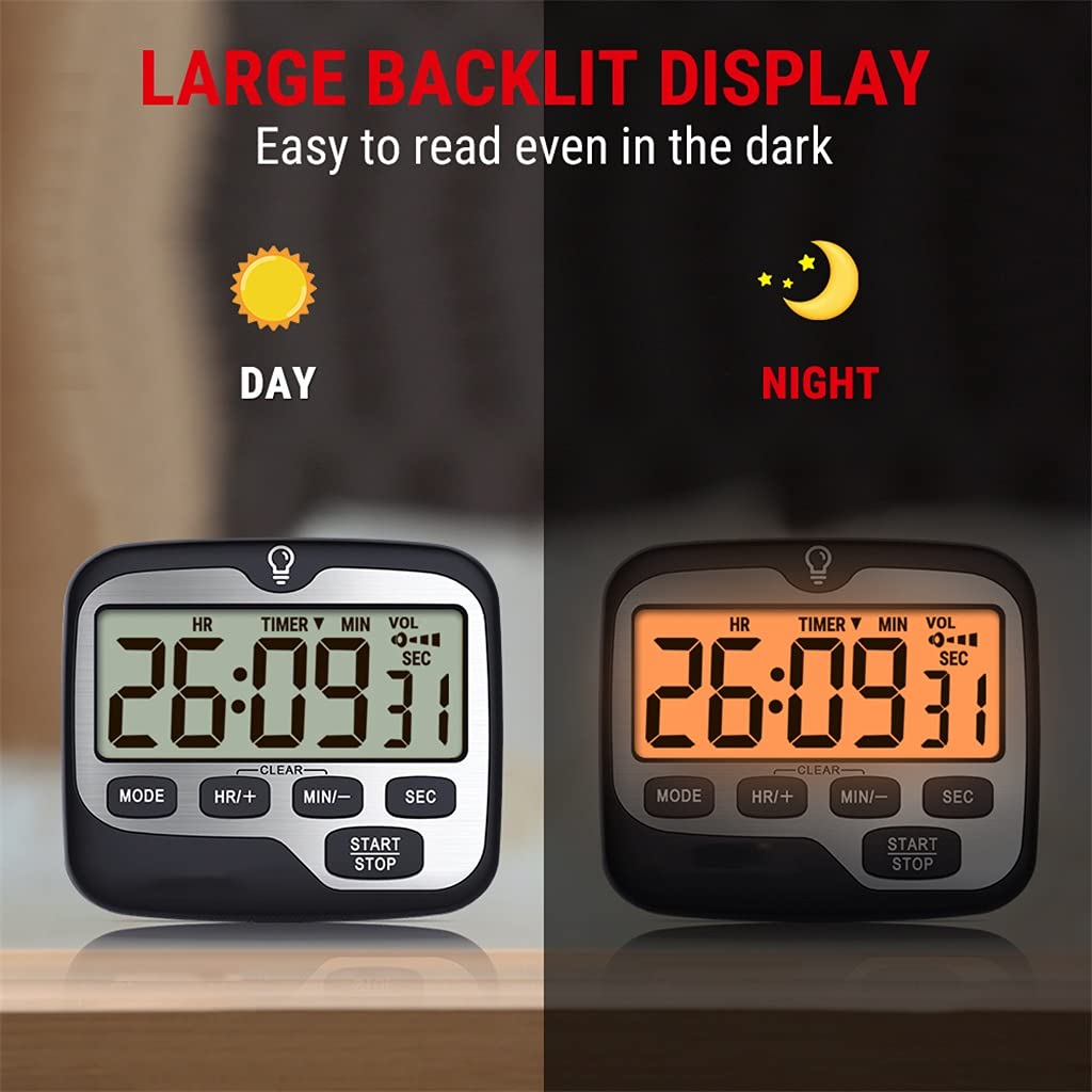 Temporizador de Cocina, Temporizador Digital de Cuenta Regresiva para Cocina, Kit Temporizador de Cocina Digital con Gran Pantalla retroiluminada, Cuenta Regresiva y función de Reloj.