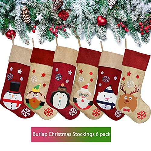 K-Mlice Burlap Christmas Stockings Set Of 6, Large Family Farmhouse Christmas Stocking For Rustic Home Décor, Xmas Ornaments Cute Cartoon Red Classic Personalized Christmas Stockings Mantel #TOP1