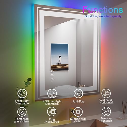 Miniatura 7 de Snowdool Espejo de baño LED de 32 x 32 pulgadas con luces, espejo antivaho con retroiluminación RGB, espejo de tocador de baño con luz inteligente