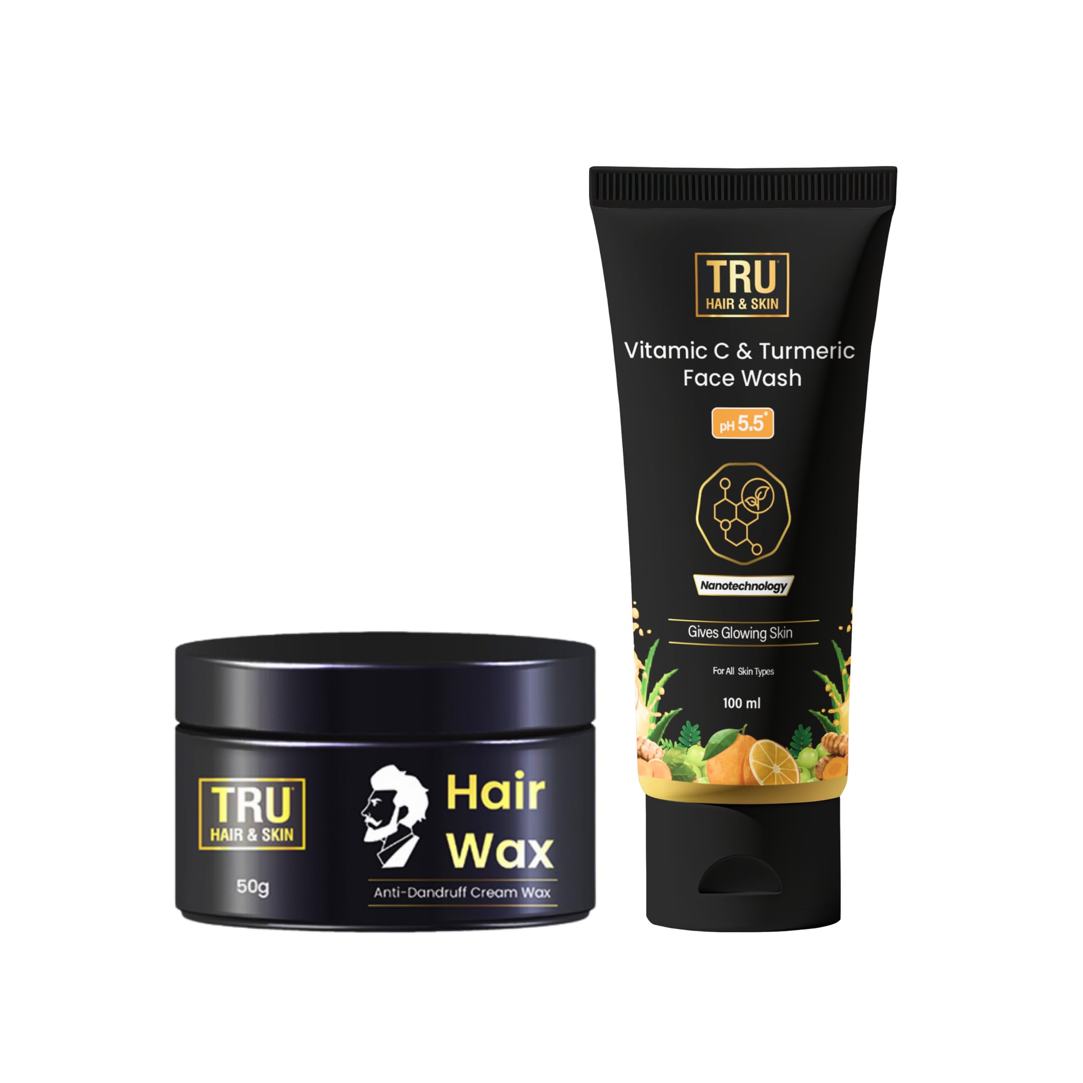 TRU HAIR & SKIN Nanotechnology Facewash with Kojic Acid, Vitmain C and Turmeric-100ml + Hair Wax Cream For Men- 50gm COMBO